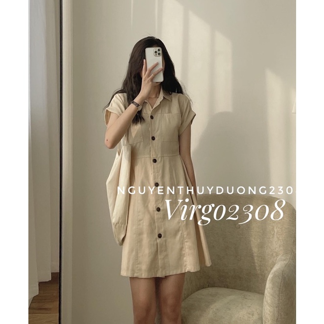 [Ảnh thật/Sẵn]Váy đũi linen chiết eo túi ngực cúc gỗ/Đầm linen cổ đức cúc gỗ | BigBuy360 - bigbuy360.vn