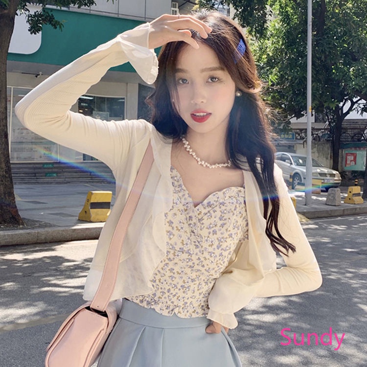 Set Áo Hai Dây + Áo Khoác Cardigan Màu Sắc Đơn Giản Thời Trang Hè Cho Nữ