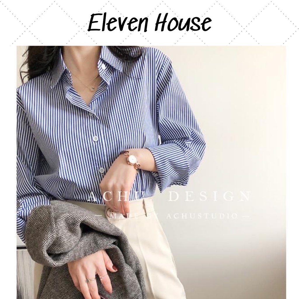 Áo sơ mi nữ kẻ sọc xanh dáng rộng dài phong cách tối giản Hàn Quốc 11 House