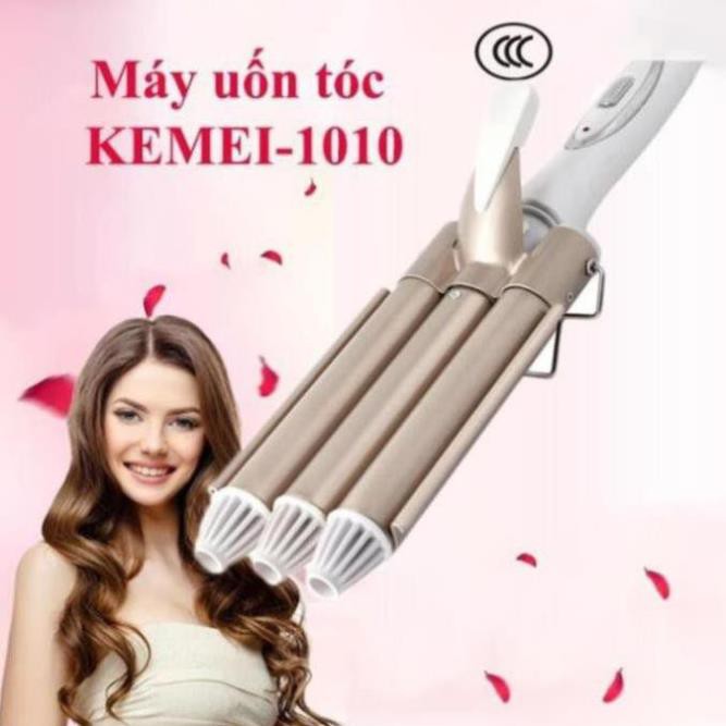 Máy uốn tóc chuyên nghiệp Kemei KM-1010 tiện lợi với 3 trục uốn dùng để uốn xoăn, uốn lọn gợn sóng tạo độ phòng cho tóc