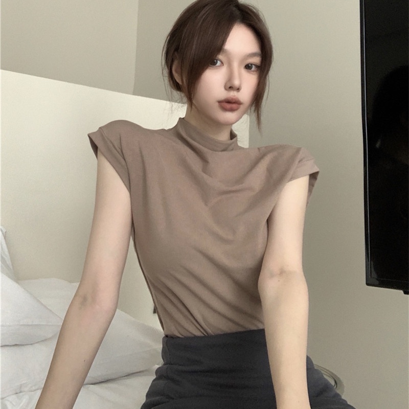 Áo Thun Tay Ngắn Cổ Cao Màu Trơn Dáng Ôm Thời Trang Cho Nữ