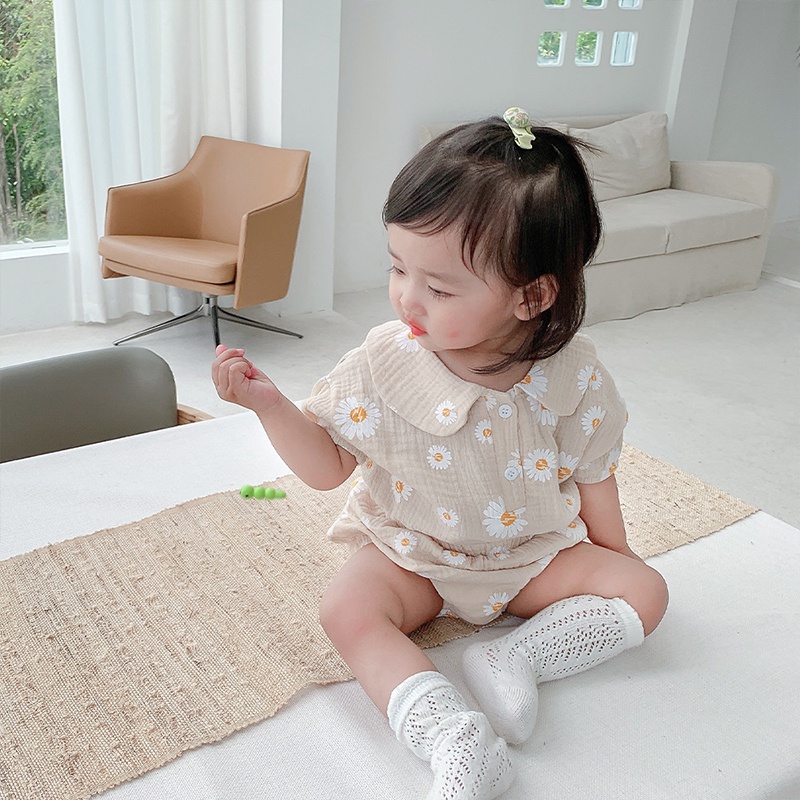 Set Áo Thun + Quần Short cotton Phối Ren Hoa Cúc Xinh Xắn Cho Bé Gái