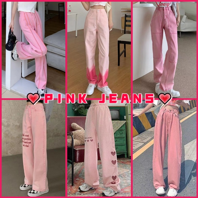 💖Quần jean màu hồng 💖Quần Jeans Hồng Lưng Cao Ống Rộng Phong Cách Mới