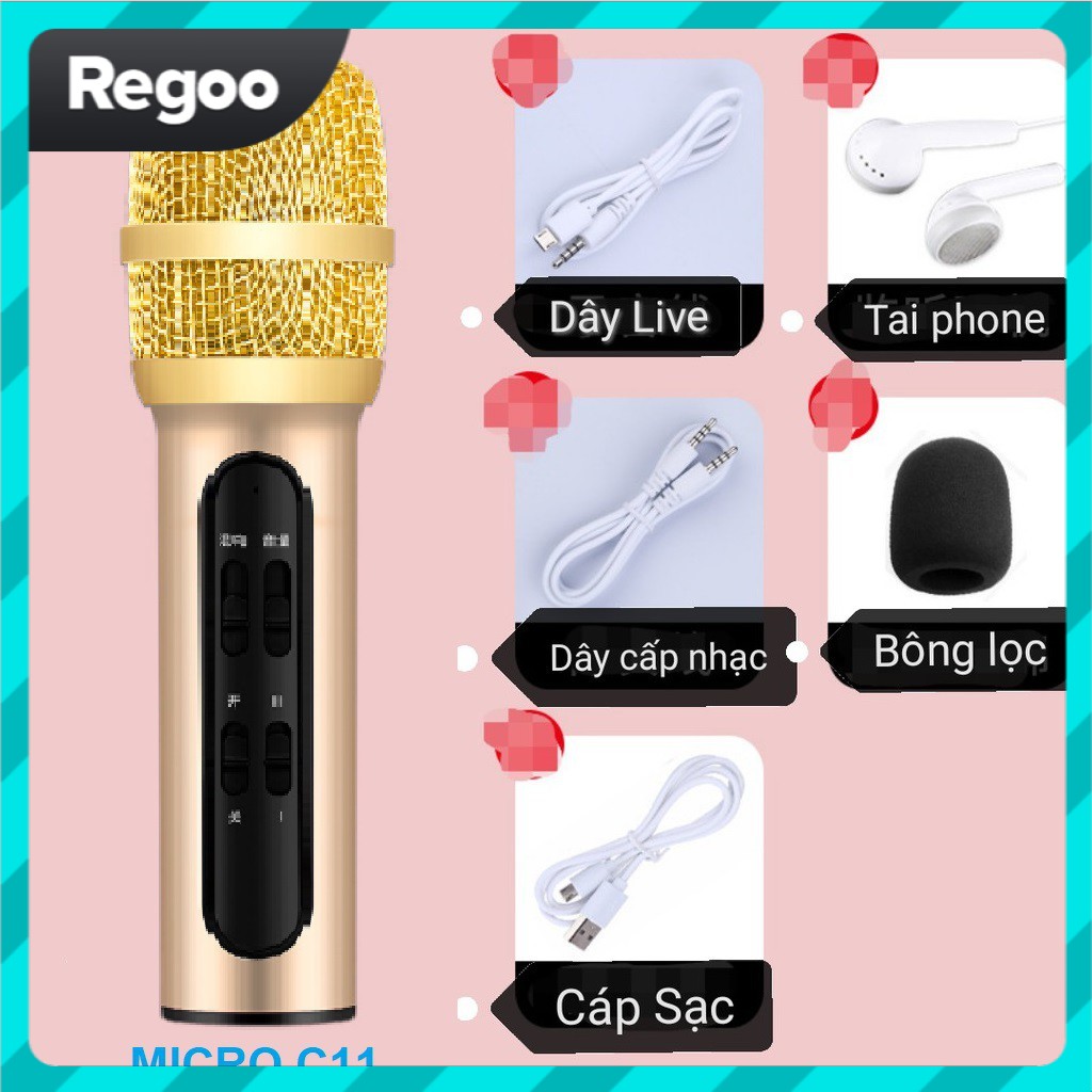 Bộ Micro C11 Live Stream, Hát Karaoke Chuyên Nghiệp Mới, Đầy Đủ Phụ Kiện Tai Nghe, Cáp Sạc, Dây Live, Dây Lấy Nhạc ...