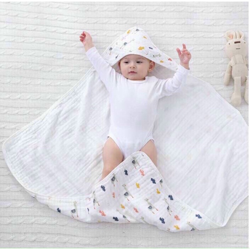 Khăn ủ xô sơ sinh, ủ choàng cotton 4 lớp, khăn tắm có mũ cho bé