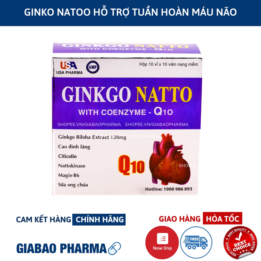 Viên uống bổ não Ginko Natto Q10 giúp tăng cường trí nhớ, hỗ trợ tuần hoàn máu não - Hộp 100 viên