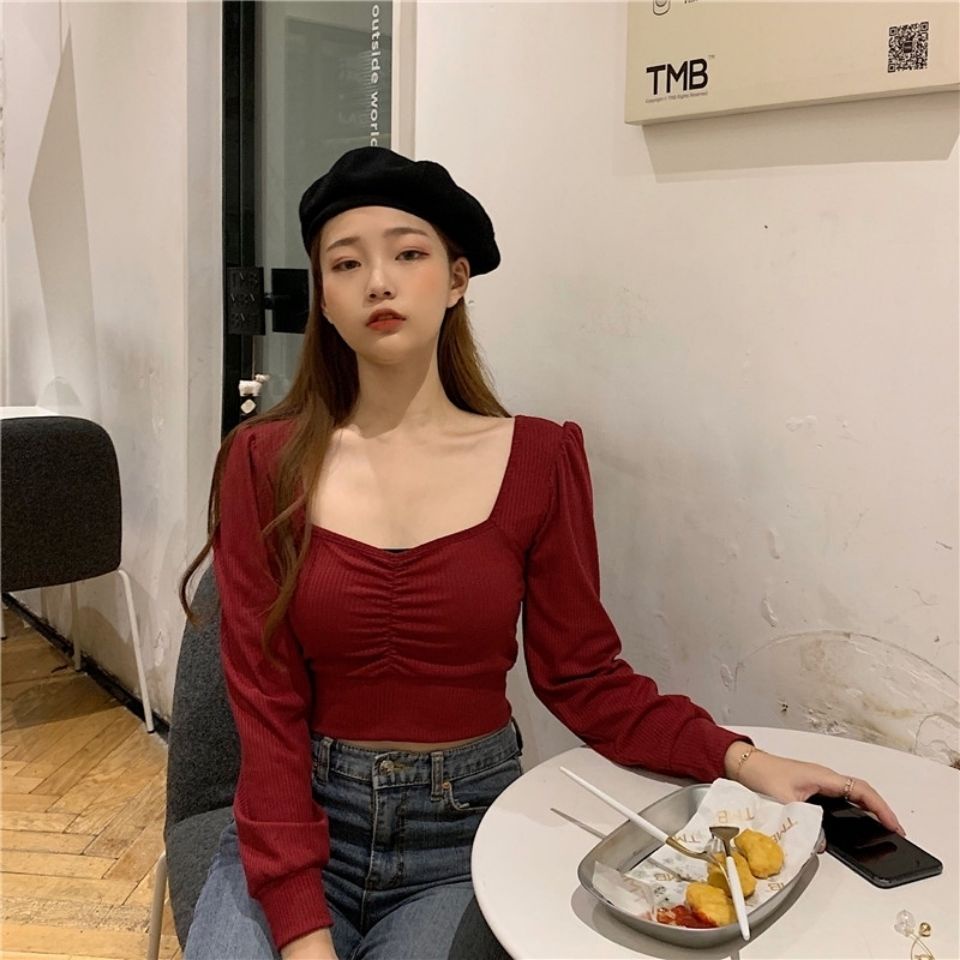 UIOWOO  Áo croptop tay phồng dài cổ vuông phong cách vintage phương Tây cho nữ