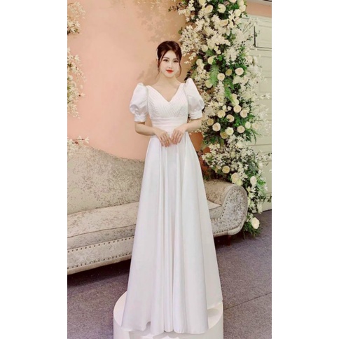 Đầm maxi trắng cô dâu, váy dạ hội, váy cưới đơn giản(có ảnh thật)