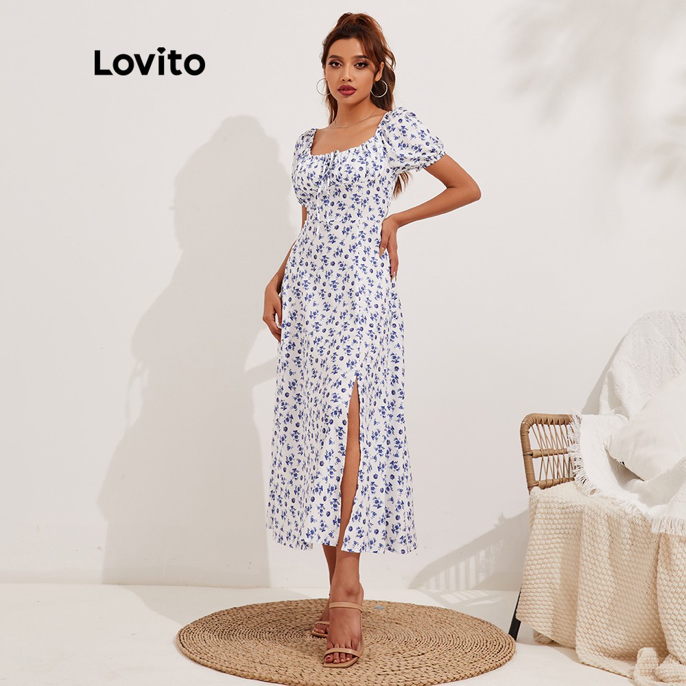 Váy Lovito họa tiết hoa phối dây buộc cổ vuông xẻ sâu kiểu dáng không đồng đều L13X002 (màu xanh lam)