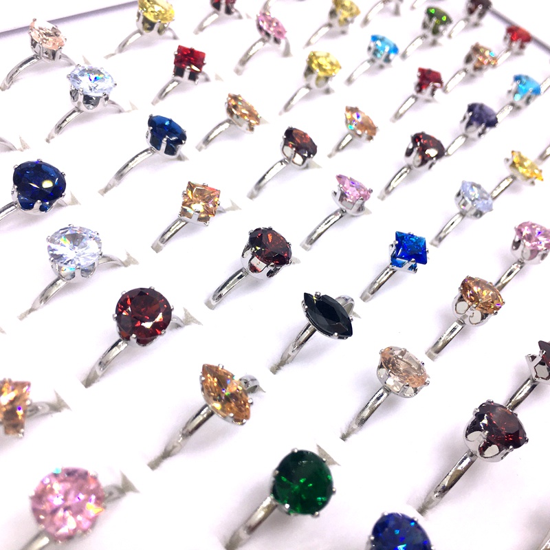Bộ 50 Nhẫn Mạ Bạc Đính Đá Zircon Nhiều Màu Thời Trang