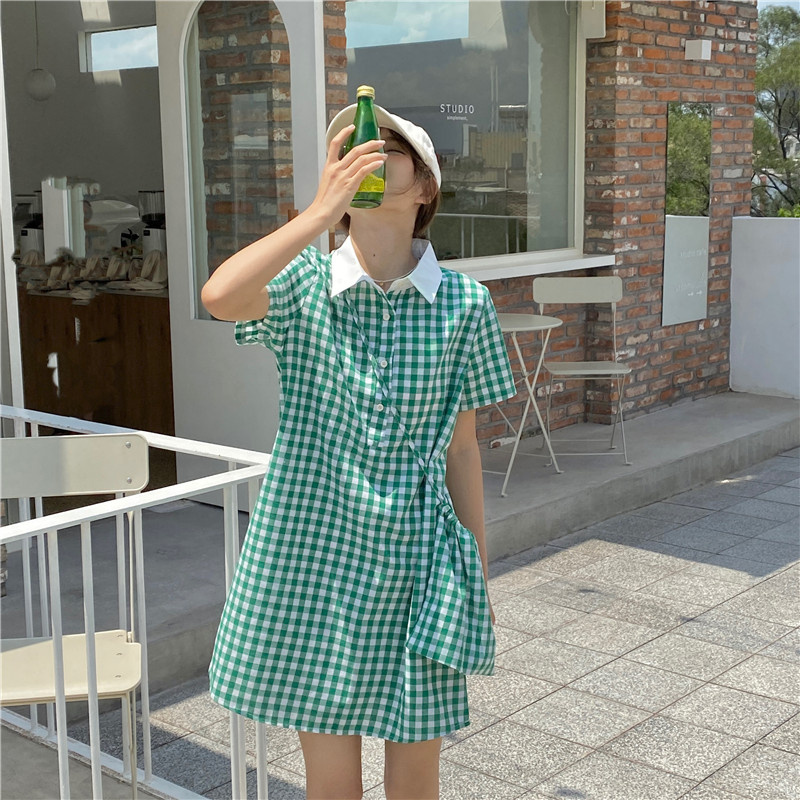 Đầm Tay Ngắn Cổ Bẻ Họa Tiết Sọc Caro Màu Sắc Phong Cách Retro Hàn Quốc 43870