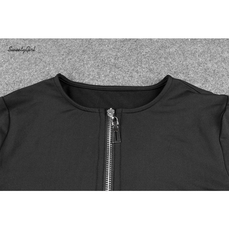 Bộ Áo Liền Quần Tay Dài Cổ Chữ V Màu Đen Trơn Ôm Eo Phối Khóa Kéo Thời Trang 2022 Quyến Rũ Cho Nữ