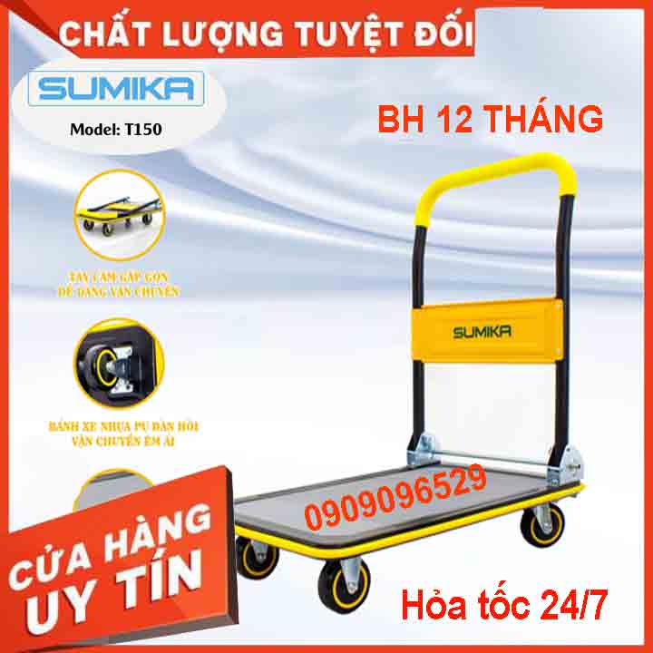 Xe đẩy hàng 4 bánh SUMIKA T150 - Khung thép, tay cầm gấp gọn tiện lơi, tải trọng 150kg TẶNG KÈM 1 KHÓA VẶN ỐC