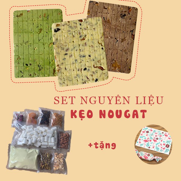 Set nguyên liệu làm kẹo nougat vị vani/socola/matcha/dâu/trái cây + tặng 50 tờ giấy gói kẹo