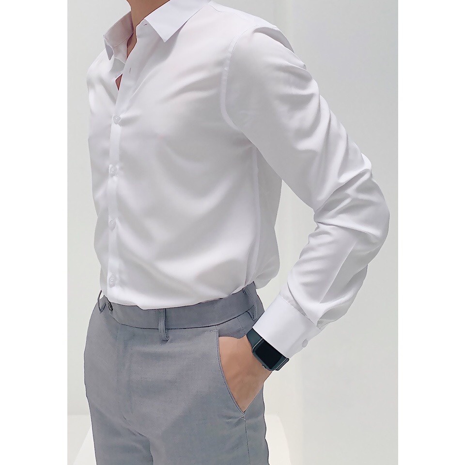 Áo sơ mi dài tay không nhăn màu trắng body dáng Hàn Quốc chất mát