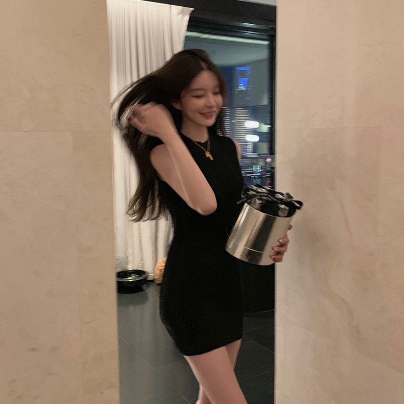 Đầm ôm cổ tròn màu sắc đơn giản thời trang mùa hè quyến rũ cho nữ