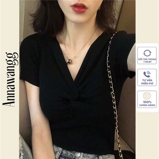 Áo len nữ cổ chữ V nhúm ngực tiểu thư chất vải thun gân len tăm phong cách Ulzzang Hàn Quốc AN1