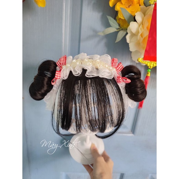 Băng đô ren tóc giả đính nơ caro đỏ xinh