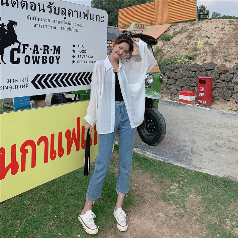 SUXI Áo Sơ Mi Trắng Vải Chiffon Tay Dài Chống Nắng Thời Trang Mùa Hè Cho Nữ