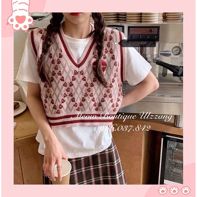 Áo gile croptop thêu gấu tim viền phong cách nữ sinh Hàn quốc ulzzang kèm ảnh thật