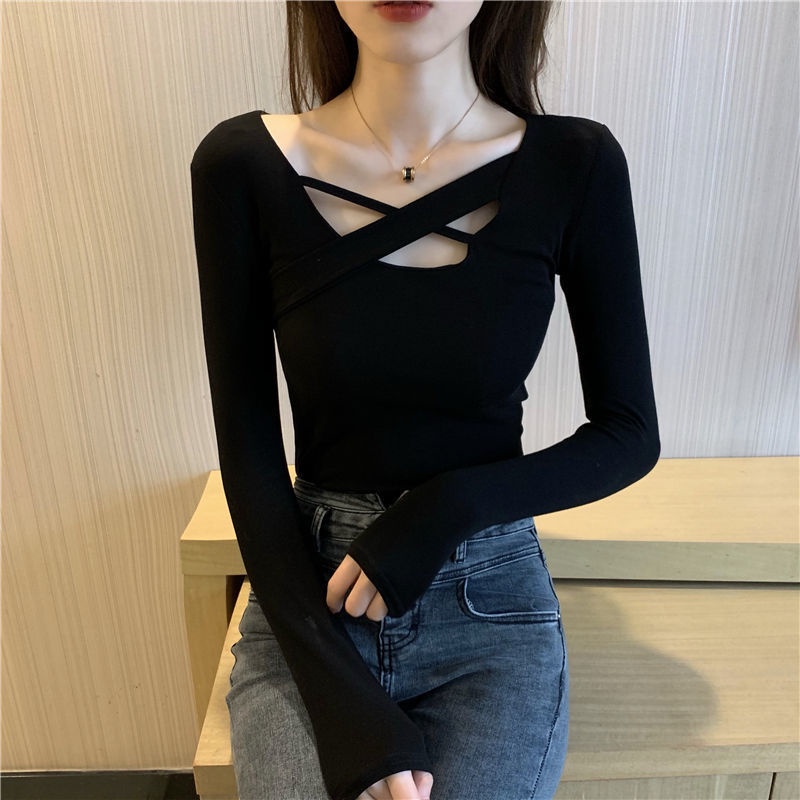 WANG JIAO ZHAN  Áo kiểu tay dài cổ đan dây chéo màu trơn thời trang mới dành cho nữ