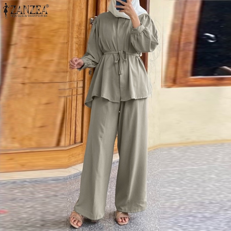 Zanzea Bộ Áo Tay Phồng + Quần Dài Ống Rộng Co Giãn Thời Trang Đường Phố Hồi Giáo Cho Nữ