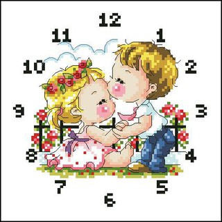 Tranh Thêu Chữ Thập Đồng Hồ Nụ Hôn Đáng Yêu DH8478 (KHÁCH TỰ THÊU) KT:20X20CM