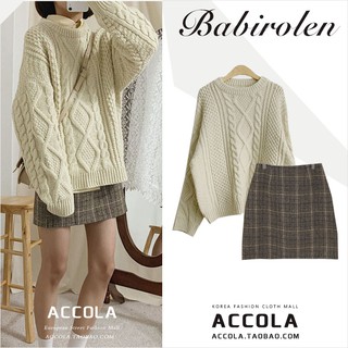 Set áo len vặn thừng Hàn Quốc + chân váy kẻ (ảnh thật)