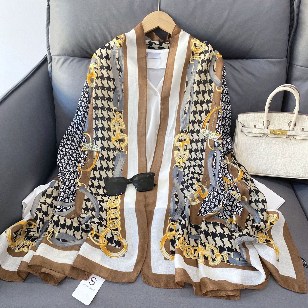 Khăn Choàng Lụa Cotton Lanh Chống Nắng Phối Dây Xích Phong Cách Âu Mỹ Thời Trang Cho Nữ Giao Hàng 24H