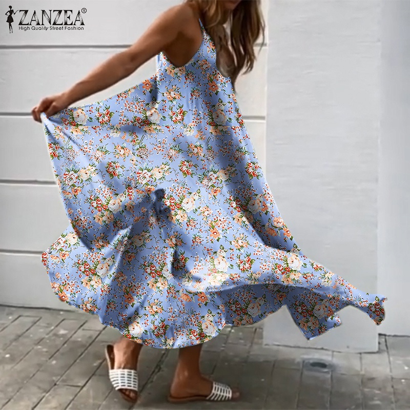 Đầm maxi Zanzea cổ chữ v in họa tiết hoa phong cách bohemian châu âu thời trang thích hợp cho nữ