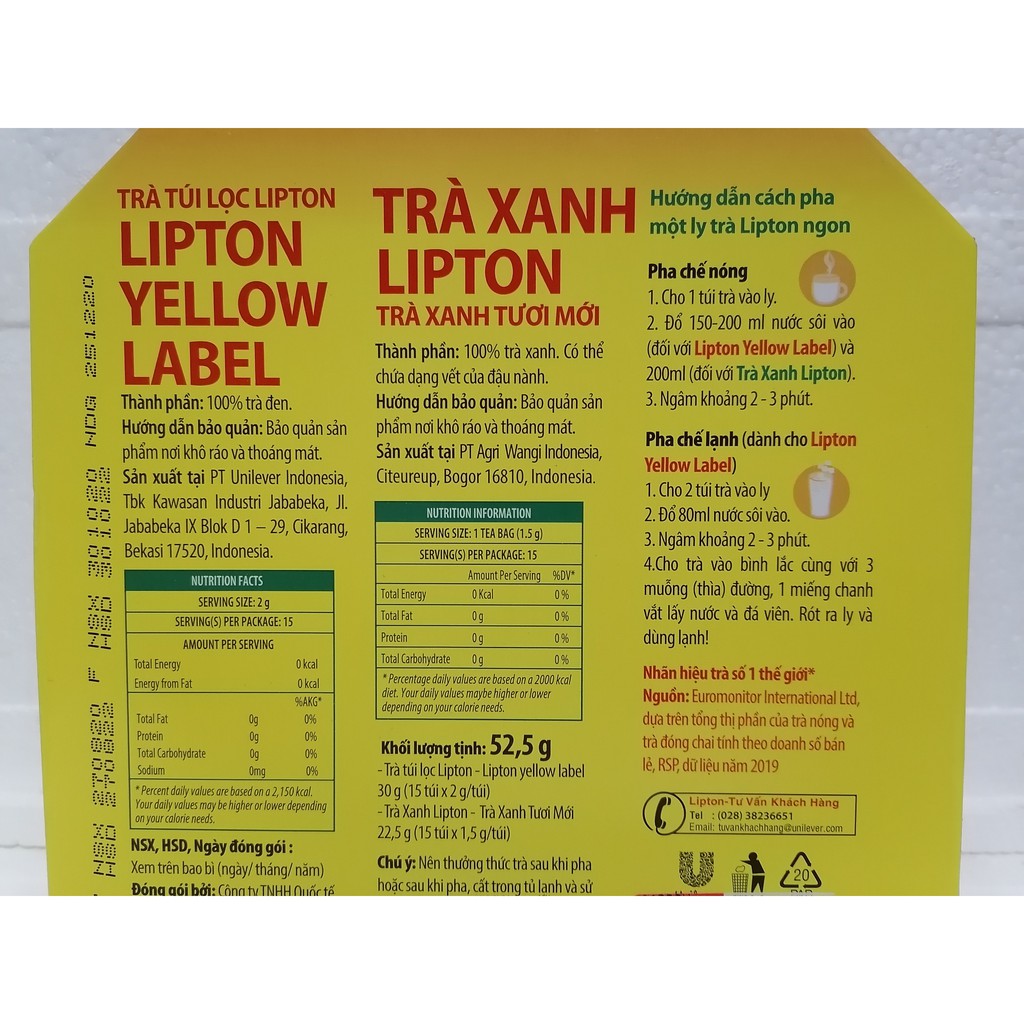 [52.5g] Hộp lục giác (Trà túi lọc) Trà đen & Trà xanh [Indonesia] LIPTON Black & Green Tea Bags (bph-hk)