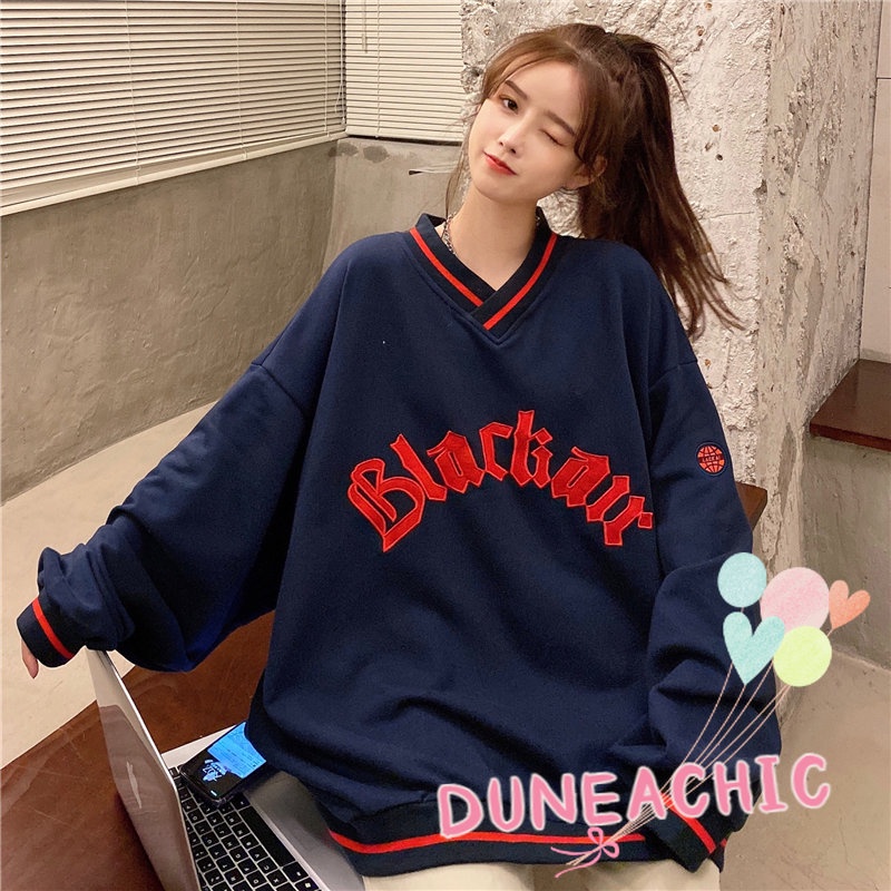 DUNEA Áo Nỉ Cổ Chữ V Thêu Chữ Quyến Rũ Trẻ Trung Cho Bạn Gái