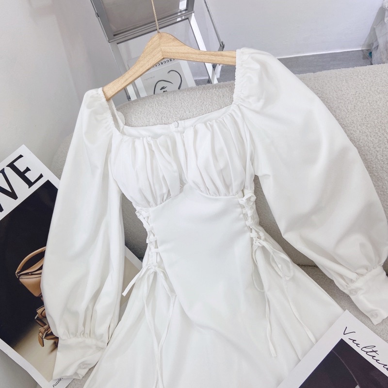 ĐẦM TRẮNG CỔ VUÔNG ĐAN DÂY 2 BÊN EO