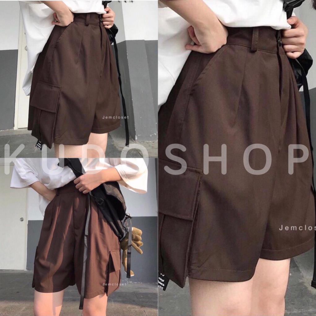 Quần sooc kaki nữ phối túi hộp lưng cao dáng suông ulzzang/ Quần lửng ống rộng unisex thời trang hàn quốc_kudoshop 🛒 ❕ ྇