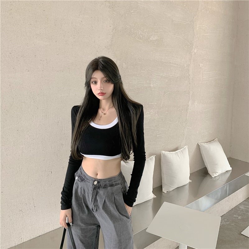 Áo croptop nữ, Áo croptop body dài tay viền đen trắng freesize dưới 60kg-Changstore