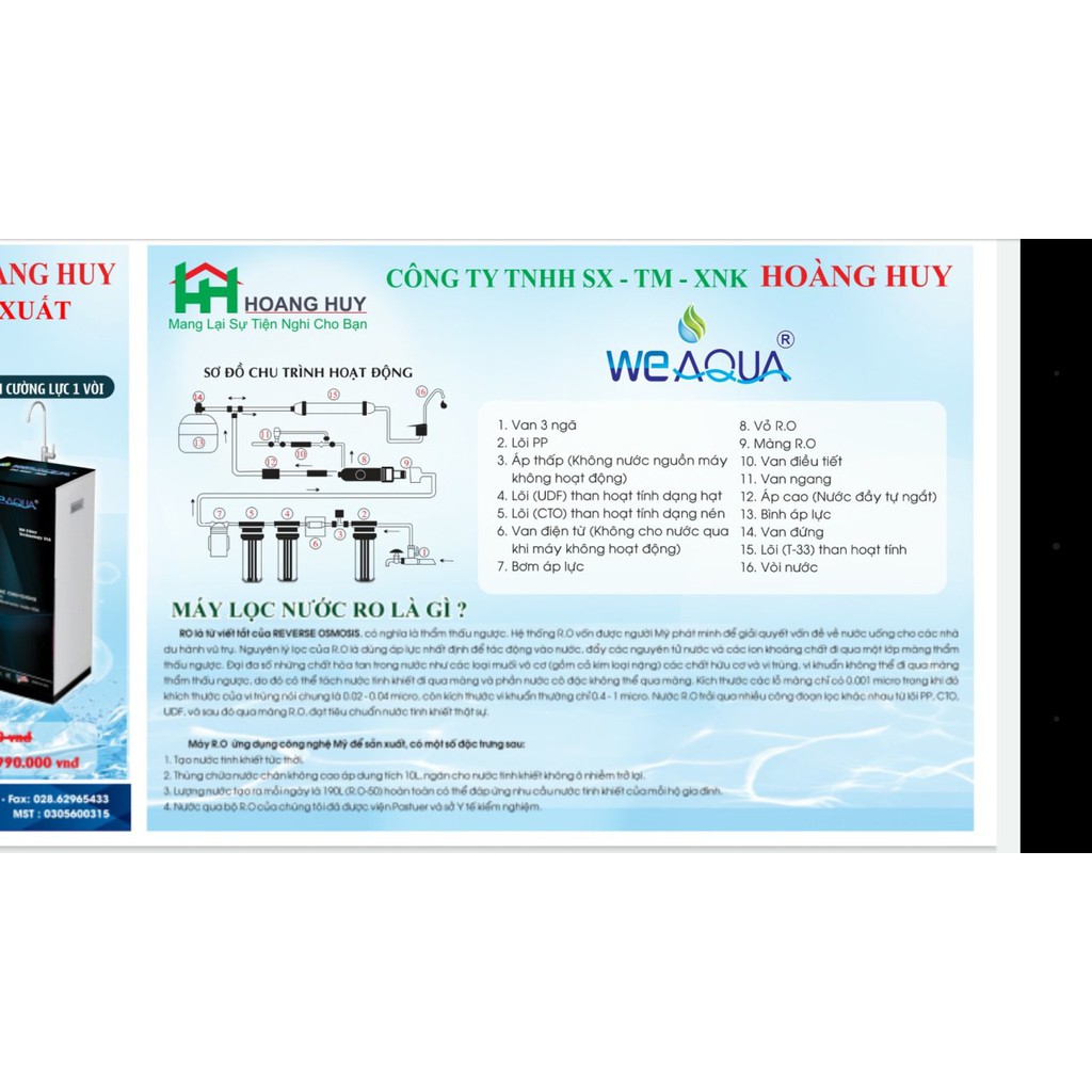 Máy lọc nước WEAQUA RO Mỹ 9 cấp lọc Iso 9001:2015 lắp đặt dưới bồn rửa chén hoặc treo tường công suất 12L/h