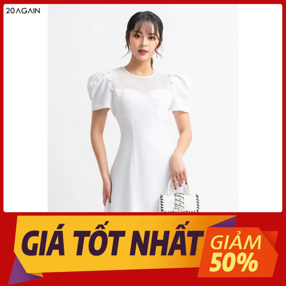 Đầm váy nữ công sở 20AGAIN đủ màu, đủ size, ngắn tay tay bồng phối ngực DEA0842