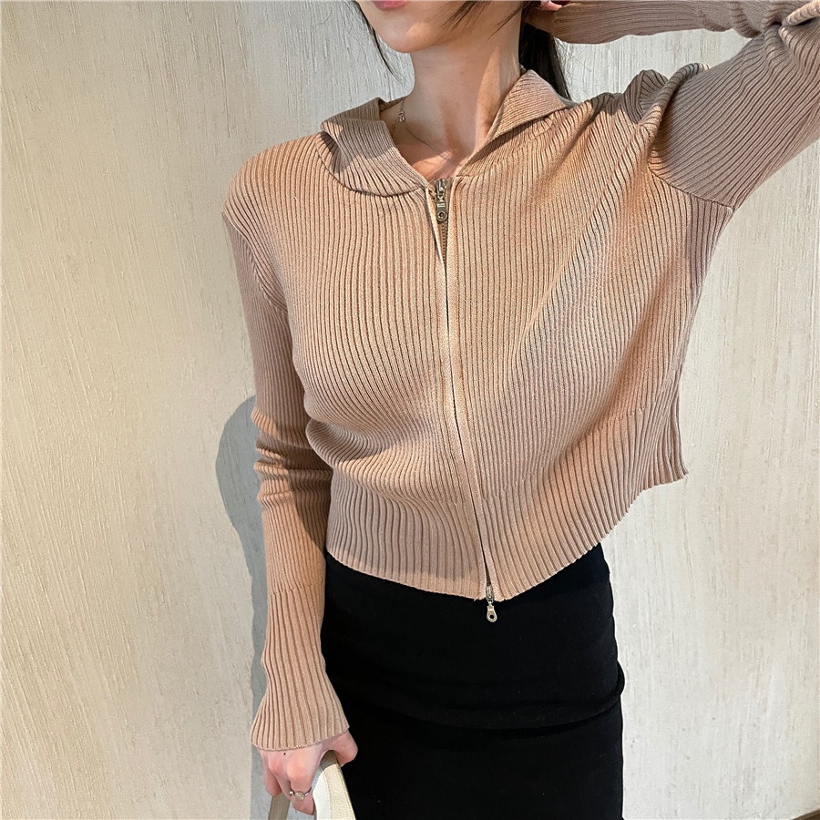 SUXI Áo dệt kim tay dài dáng rộng có nón phối khóa kéo thời trang mùa thu hàng mới cho nữ