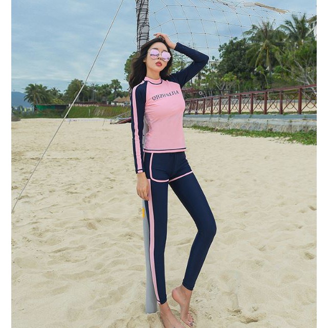 Bộ đồ bơi tay dài chống nắng nữ màu hồng quyến rũ 40-57kg