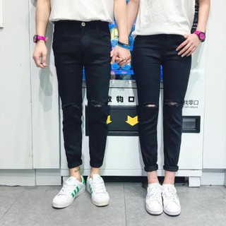 Quần Jean Nam đen rách gối chất bò màu đen co giãn, đồ đôi đẹp thời trang,, quần Skinny Nữ rách gối