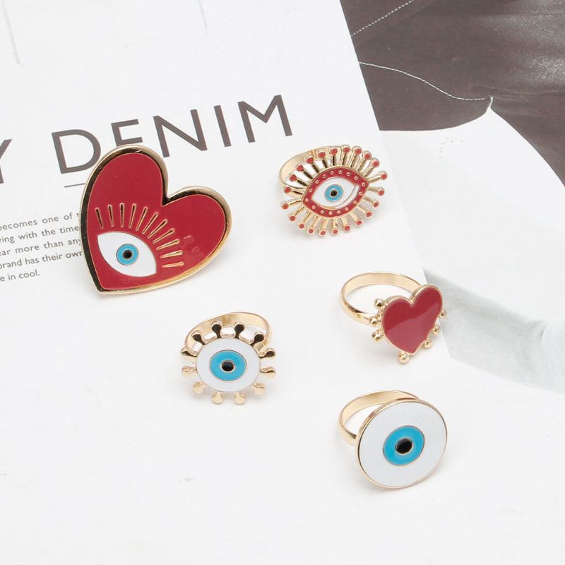 Bộ 5 nhẫn tráng men mặt hình trái tim con mắt dạng mở kiểu cường điệu trang sức thời trang cho nữ