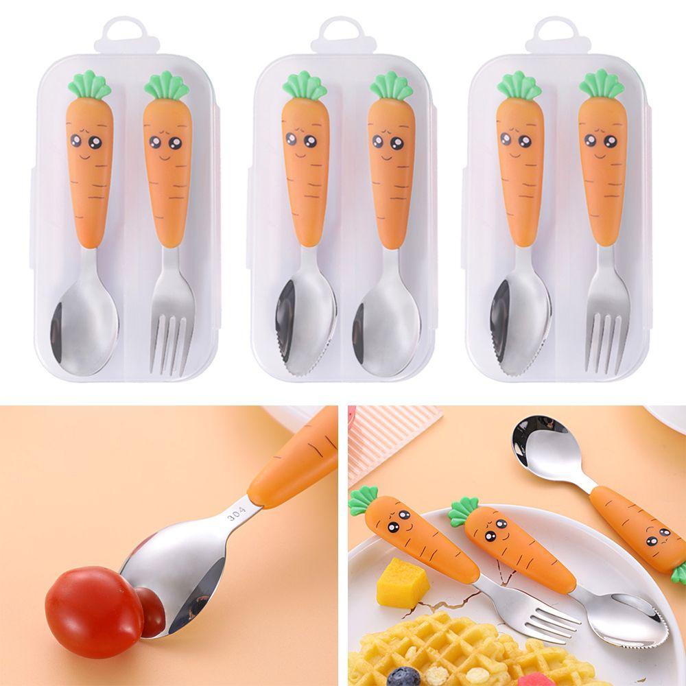 KUNHEV Bộ Muỗng Nĩa Hình Cà Rốt Hoạt Hình Dành Cho Trẻ Em
