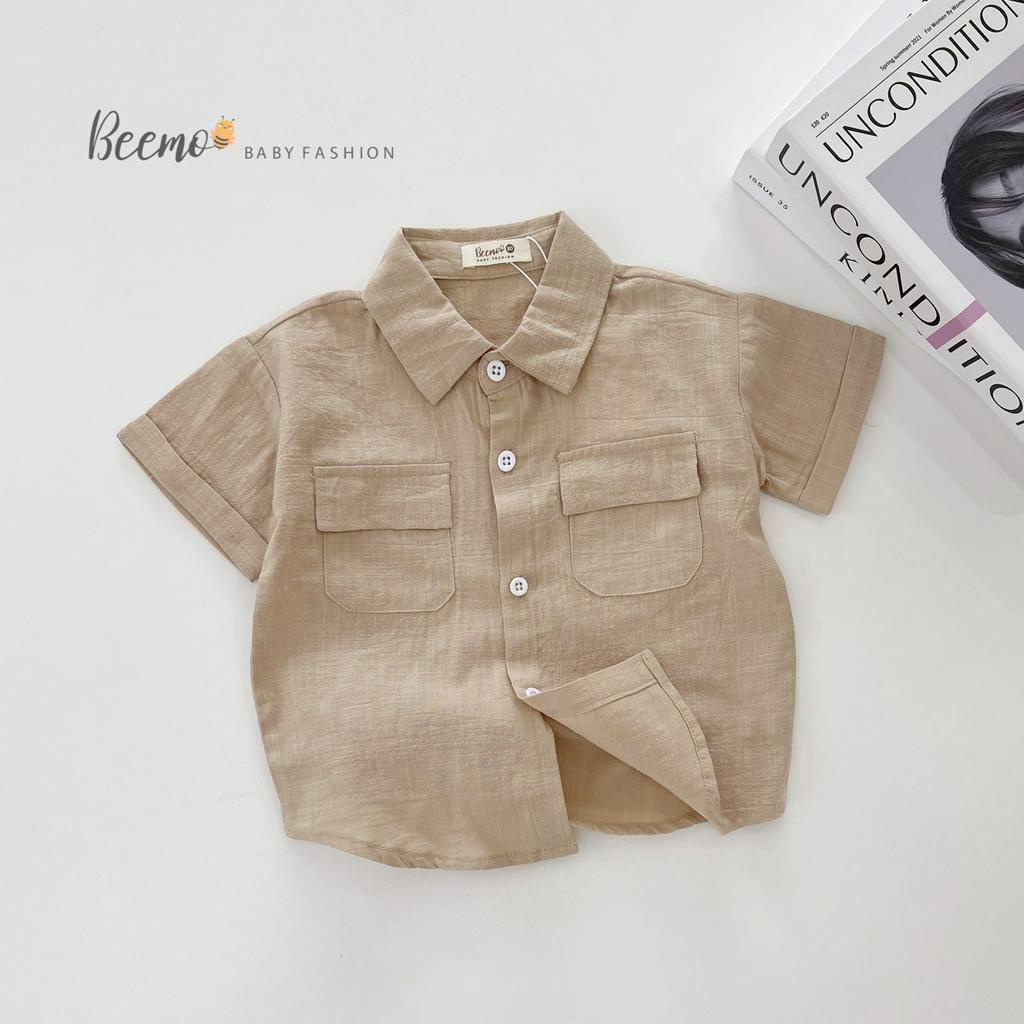 Áo sơ mi Beemo cộc tay cổ đức phối 2 túi trước vải đũi thoáng mát đi học đi chơi cho bé trai từ 1 đến 6 tuổi - 22014A