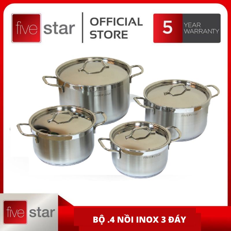 Bộ 4 nồi inox Fivestar - đáy liền khối inox 304 tốt cho sức khoẻ ( HÀNG CHÍNH HÃNG BẢO HÀNH )