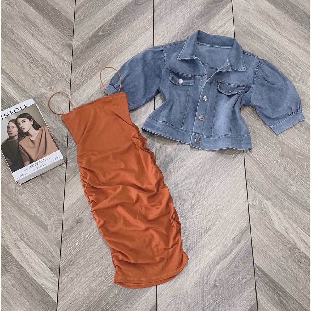 Đầm hai dây bún ôm body kiểu nhúm sườn cực xinh , chất thun bozip mềm mịn alohashop91