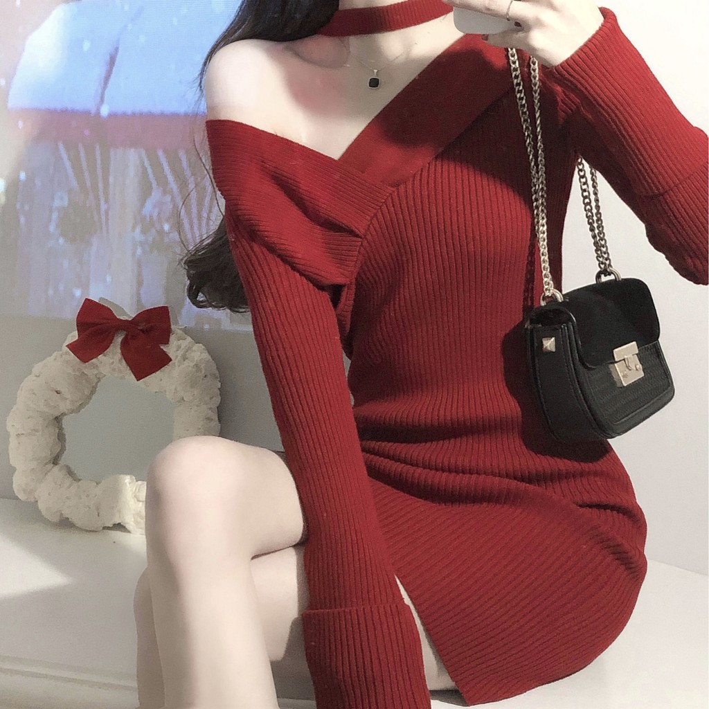 Đầm len đỏ tay dài noel giáng sinh đỏ vòng cổ trễ vai hở xương quai xanh ulzzang đầu năm mới xuân tết