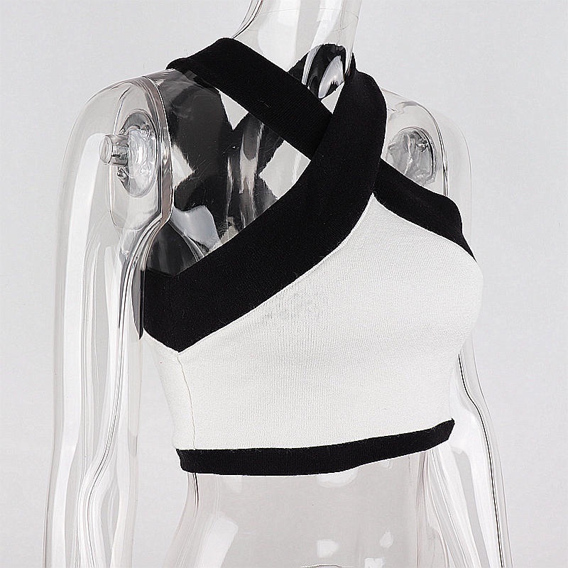 IELGY Áo sát nách nữ cổ yếm chữ V phối màu tương phản đơn giản thời trang