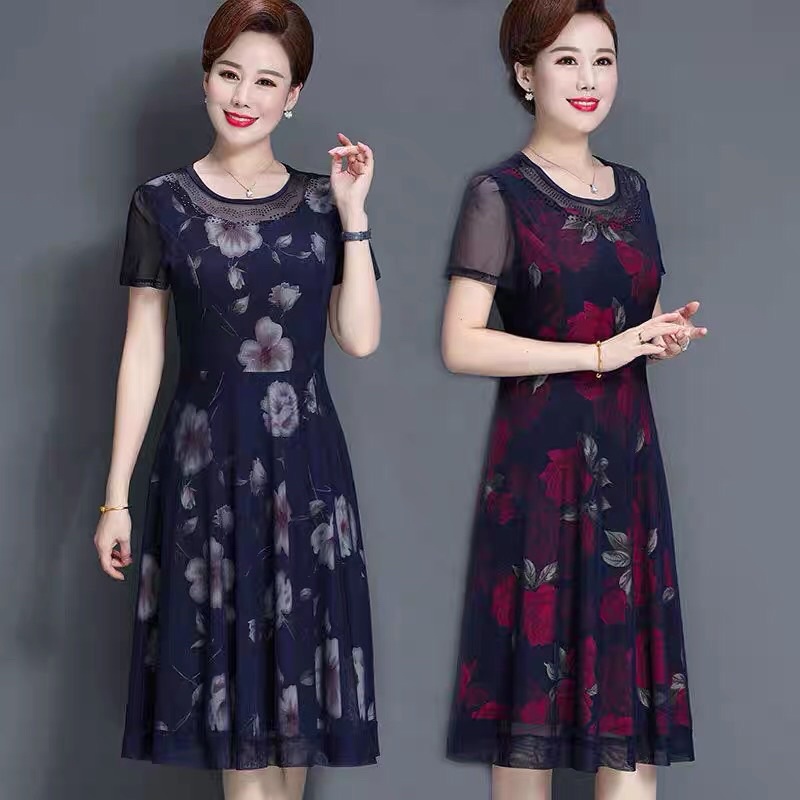 Đầm trung niên cổ tròn, đầm thun lưới, đầm cho mẹ
