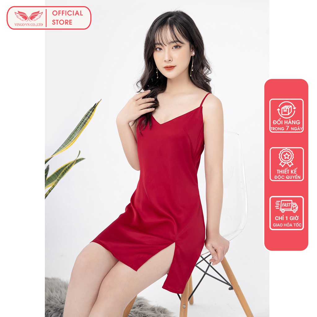 VINGO Váy ngủ 2 dây mặc nhà nữ lụa trơn cao cấp liền thân xẻ 1 bên gợi cảm N223 VNGO - HÀNG MỚI VỀ