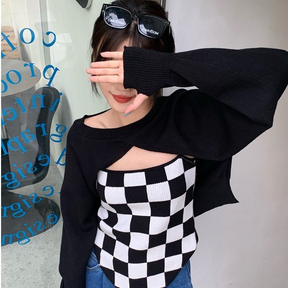 QADCOL Set áo hai dây và áo khoác len họa tiết ca rô thời trang dành cho nữ